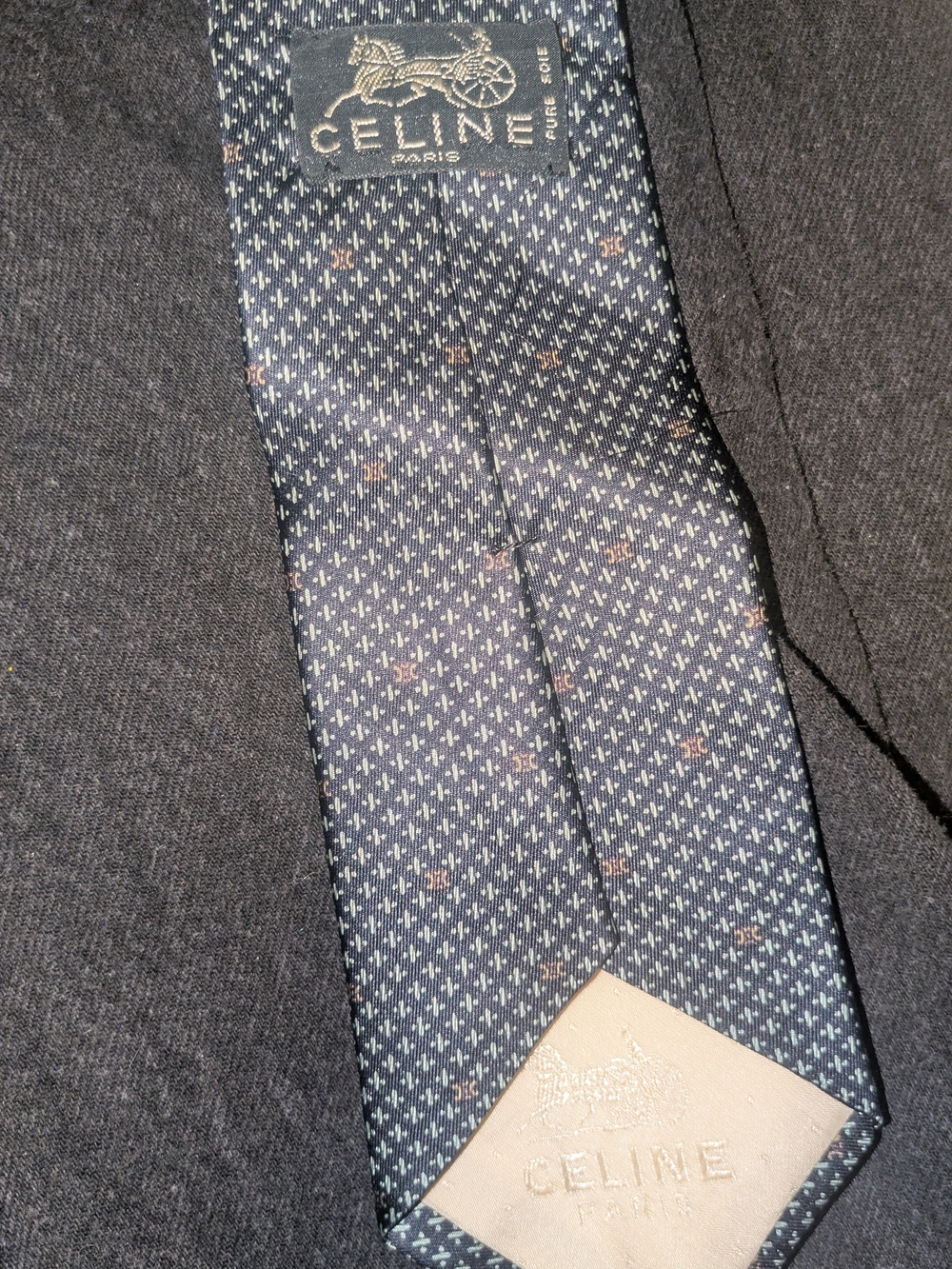 Celine Navy Silk Tie with Subtle Pin Pattern